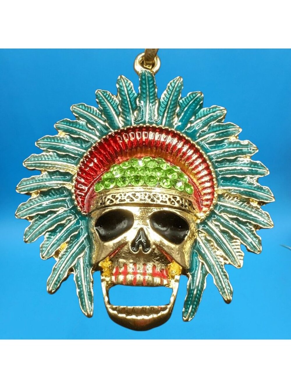 Gold Skull Headdress Pendant Necklace Red Green Blue Accents Gift Box Jewelry